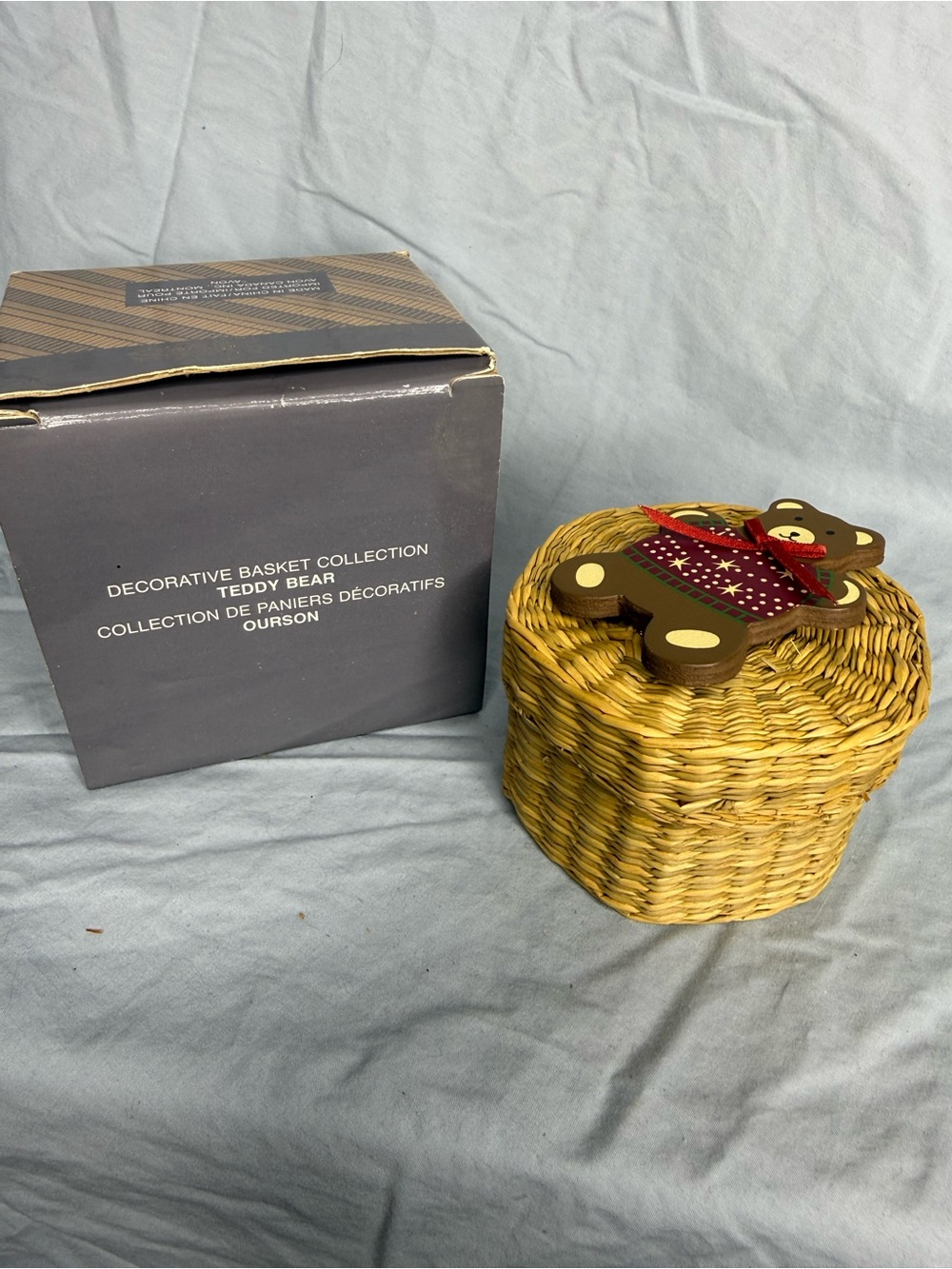 Vintage Avon Decorative Teddy Bear Wicker Basket